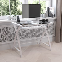 Flash Furniture NAN-JN-2824S-WH-WH-GG Clear Tempered Glass Computer Desk with White Pull-Out Keyboard Tray and White Crisscross Frame